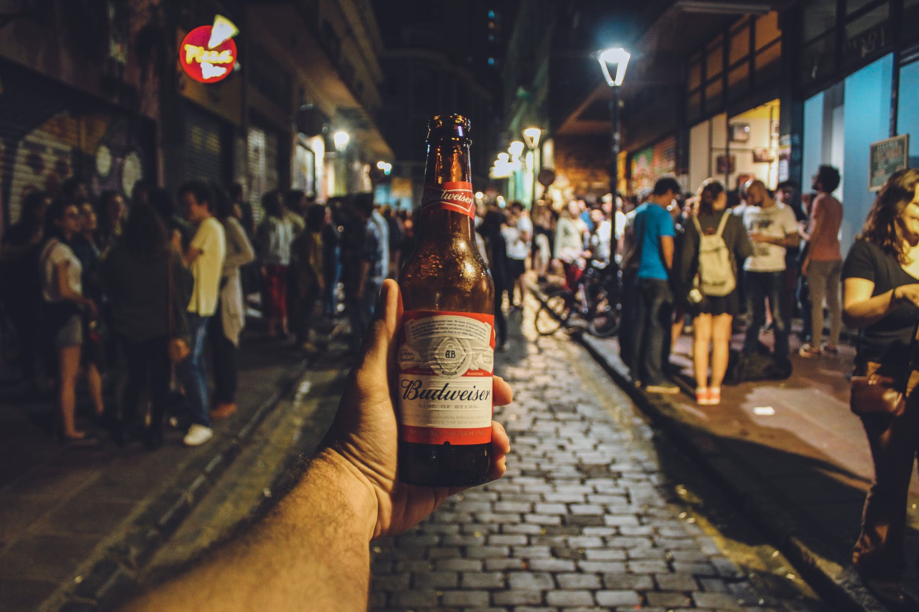 person holding budweiser bottle